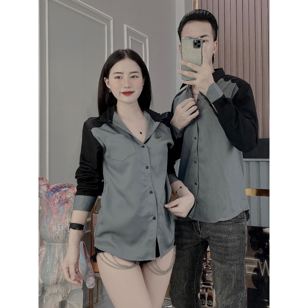 Áo sơ mi tay dài chất  vải cotton lạnh dày dặn phối màu kiểu dáng hàn quốc