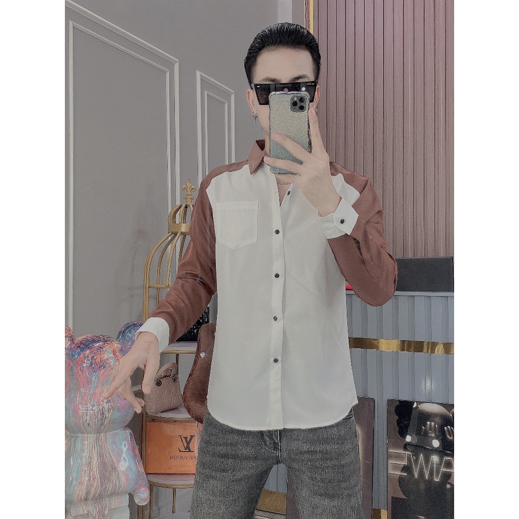 Áo sơ mi tay dài chất  vải cotton lạnh dày dặn phối màu kiểu dáng hàn quốc