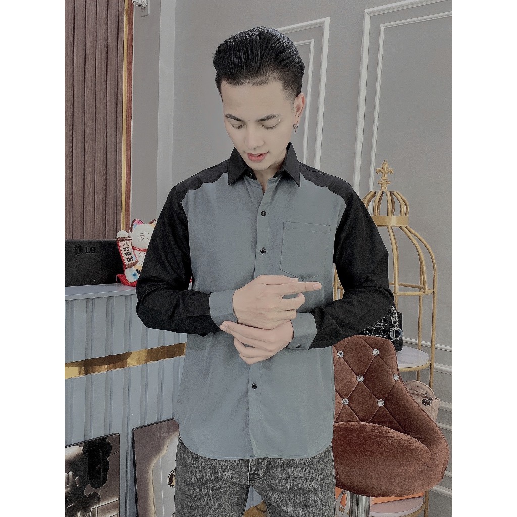 Áo sơ mi tay dài chất  vải cotton lạnh dày dặn phối màu kiểu dáng hàn quốc