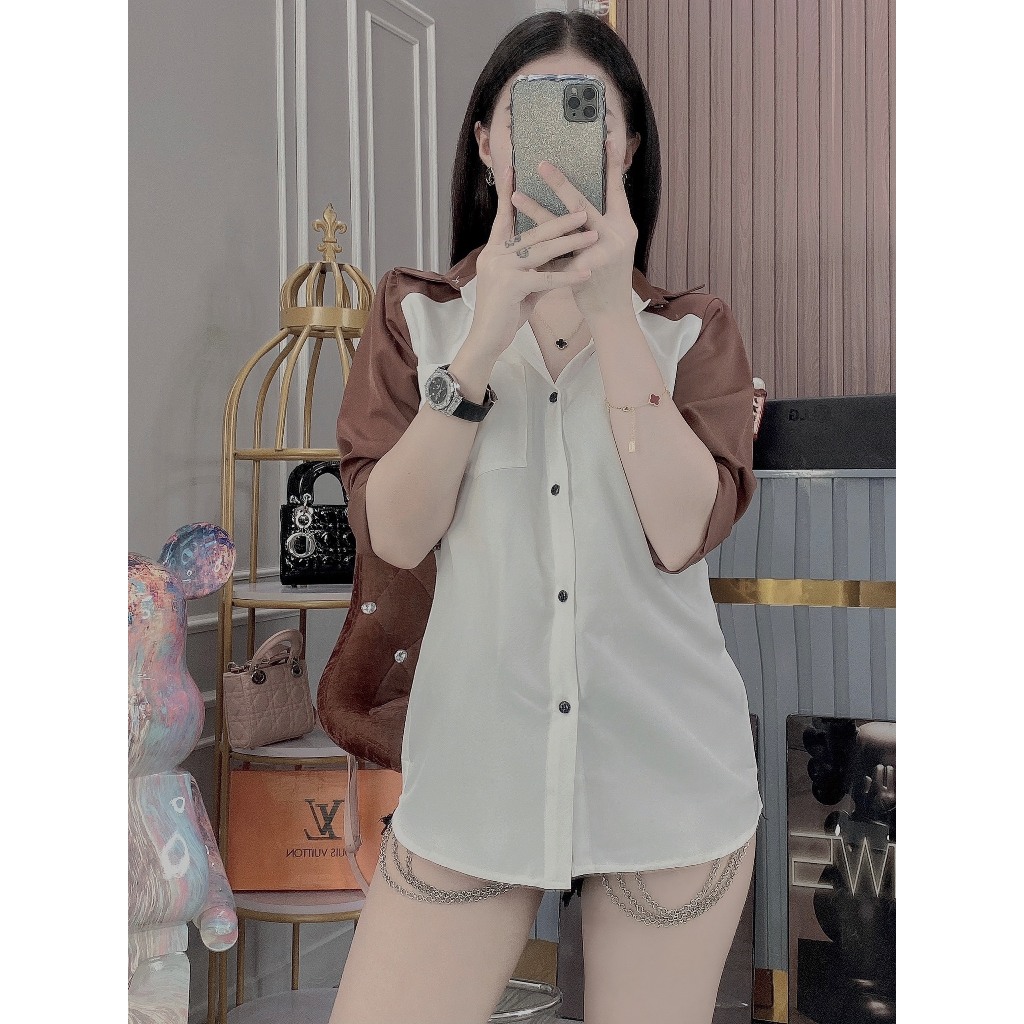 Áo sơ mi tay dài chất  vải cotton lạnh dày dặn phối màu kiểu dáng hàn quốc