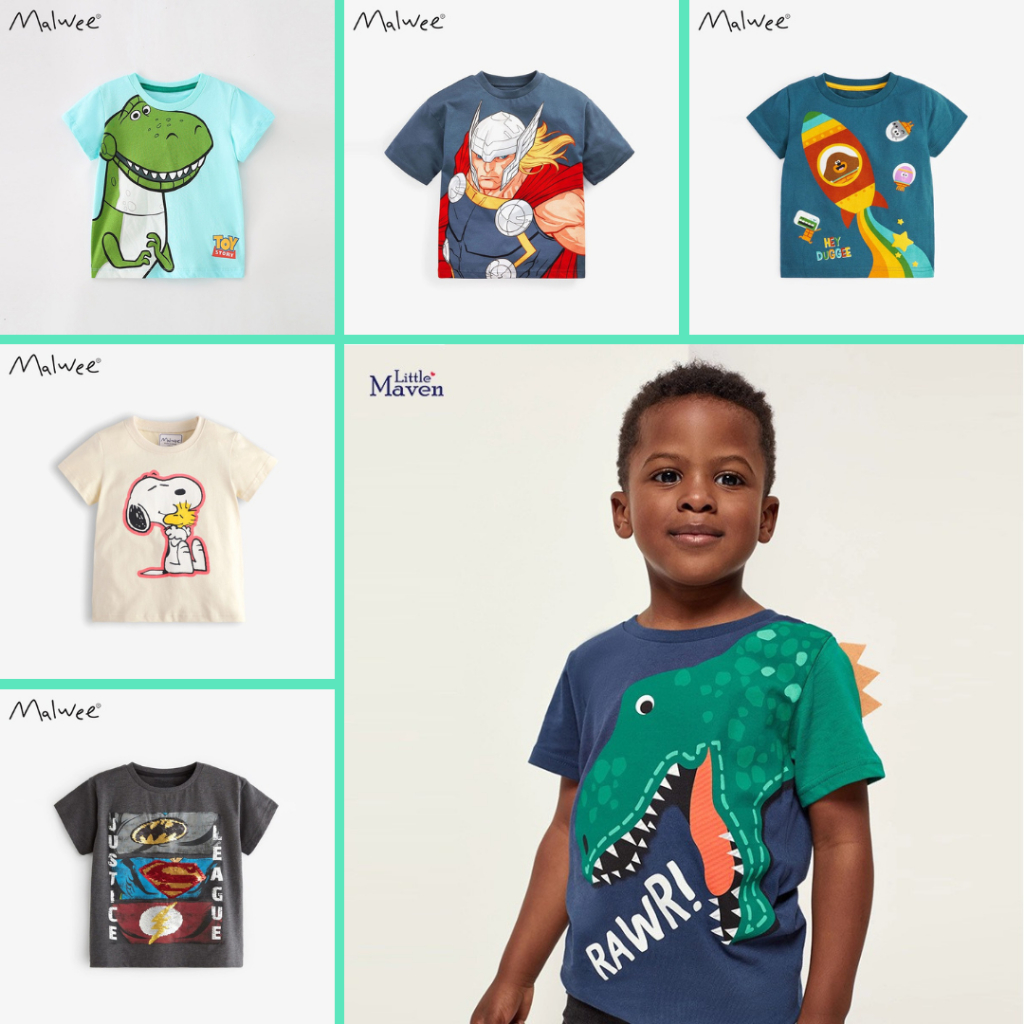 BST áo thun cotton Malwee họa tiết khủng long/siêu nhân cho bé trai 2-7 tuổi - Little Maven Chính Hãng