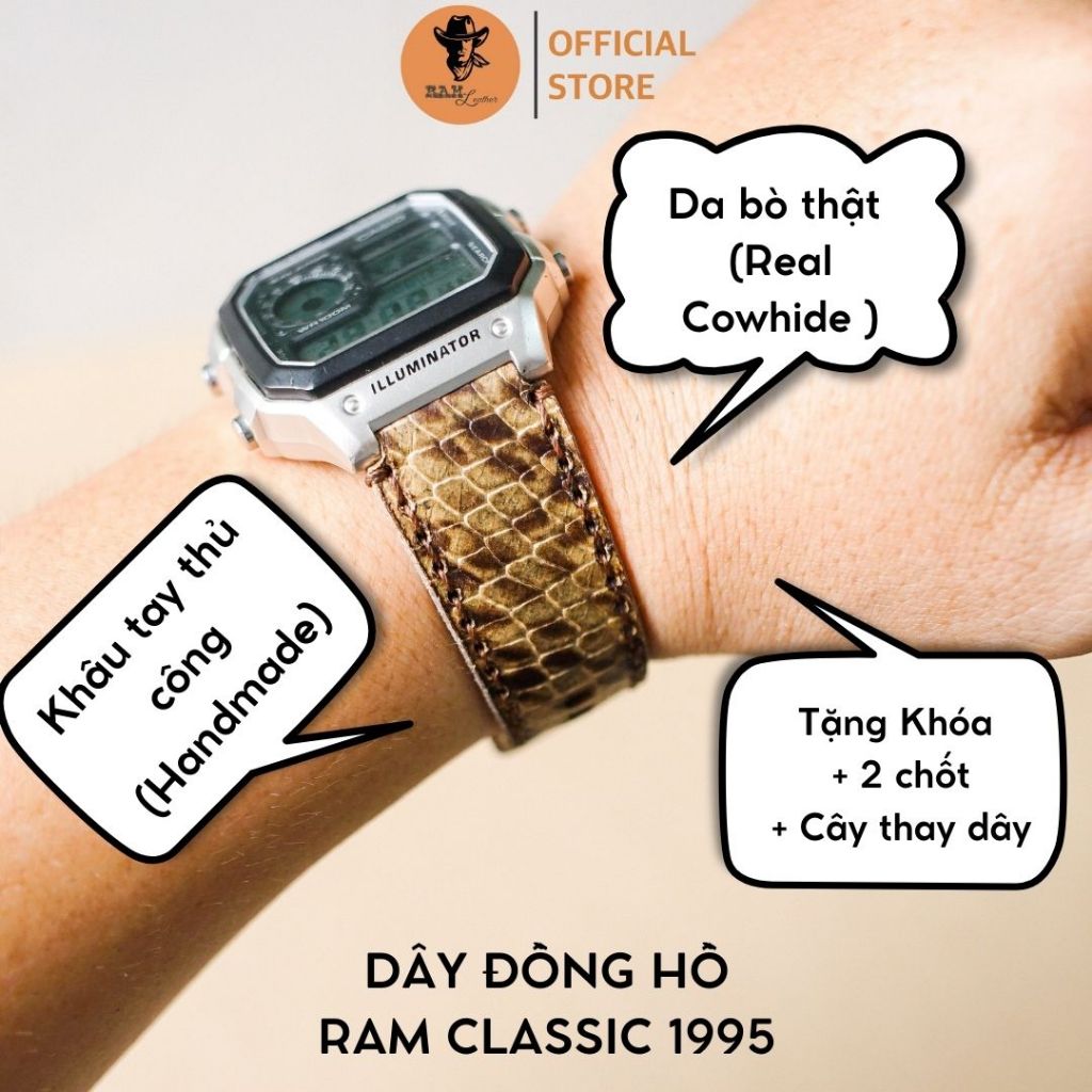 Dây Đồng Hồ Da Thật RAM Leather Cho Casio AE 1200 WHD và đồng hồ dây 18mm Da Dê Rằn Ri Vàng RAM Leather 1995  Bền Đẹp