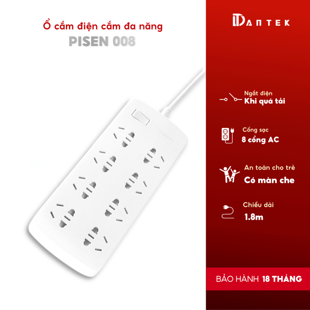 Ổ cắm điện Pisen 008(EP) (8 x AC ) Bảo hành 18 tháng - Hàng chính hãng