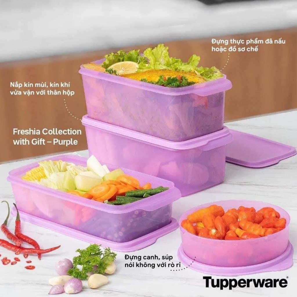 Hộp trữ mát tím Freshia Tupperware set 2 hộp 1.l + 3.1l  nhựa nguyên sinh an toàn, hộp tupperware