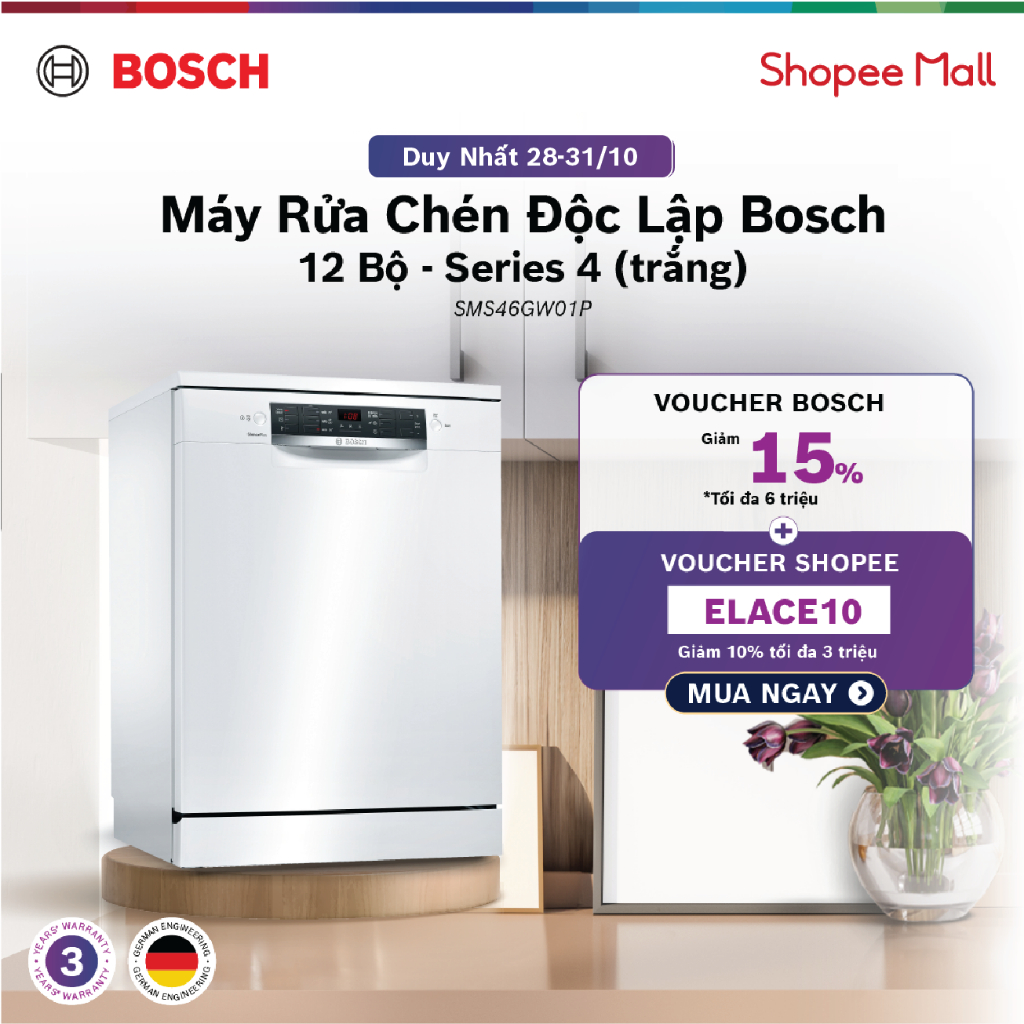 Máy rửa chén độc lập Bosch SMS46GW01P - Series 4 60cm (trắng) - Hàng chính hãng