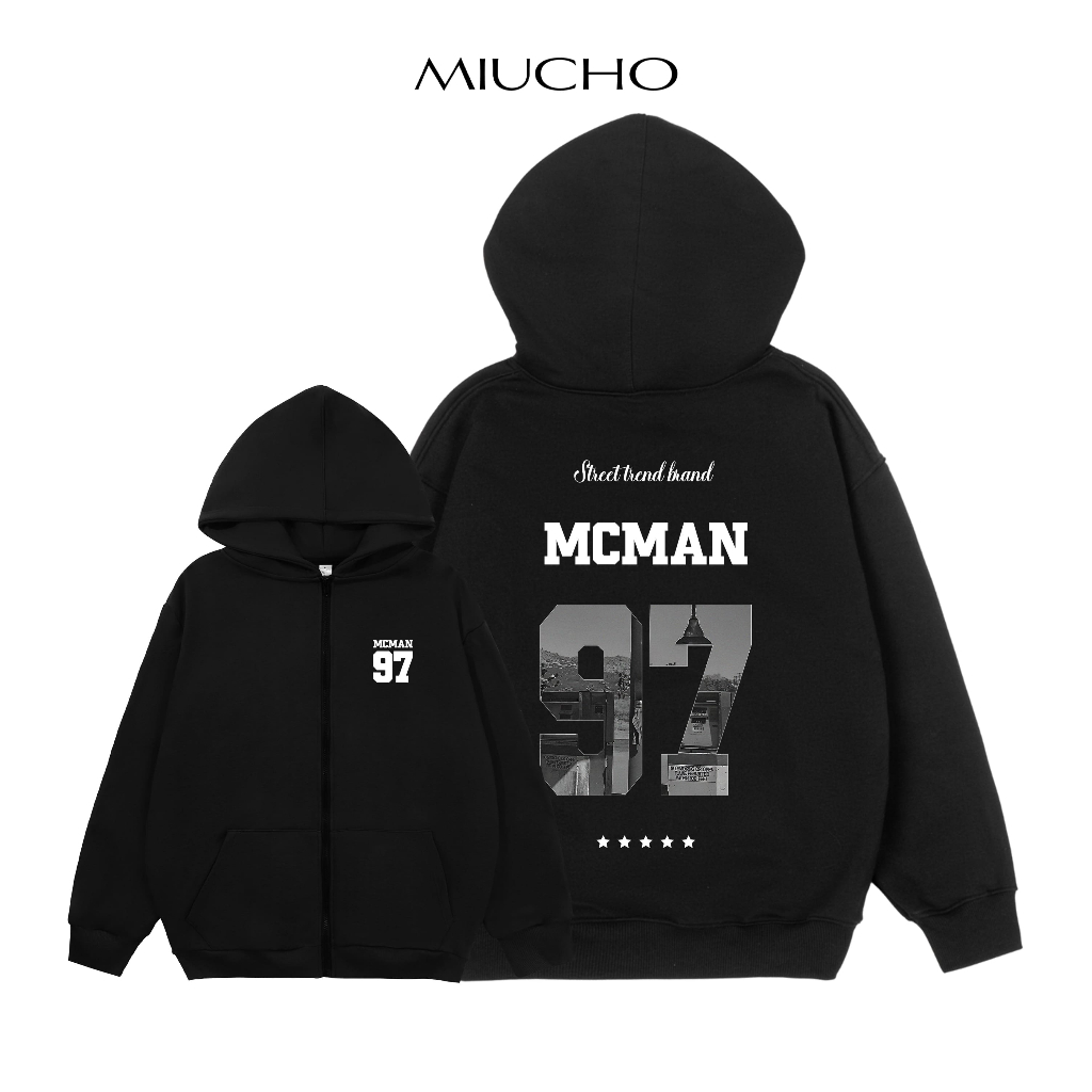 Áo hoodie zip nam form rộng HZD472 Miucho chân cua in typography