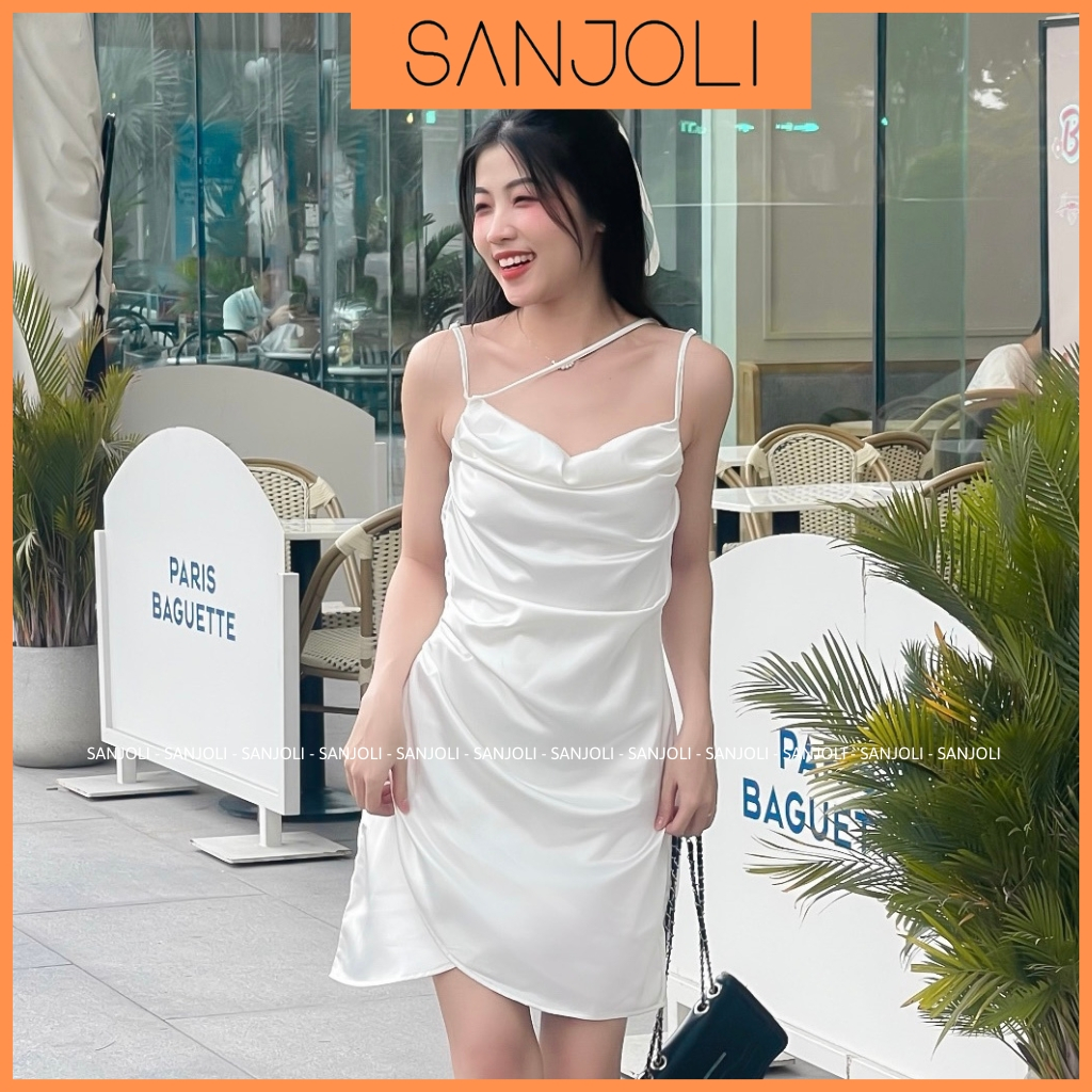 Váy Lụa Hai Dây Dự Tiệc Sanjoli Đầm 2 Dây Xẻ Tà Nhún Ngực Thiết Kế Đi Đám Cưới Nhiều Màu Đen Hồng Trắng VD003