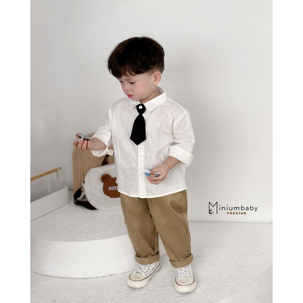 Áo sơ mi dài tay thu đông cổ tàu in gấu cho bé trai chất liệu cotton, bộ quần áo trẻ em miniumbabyfashion A1389