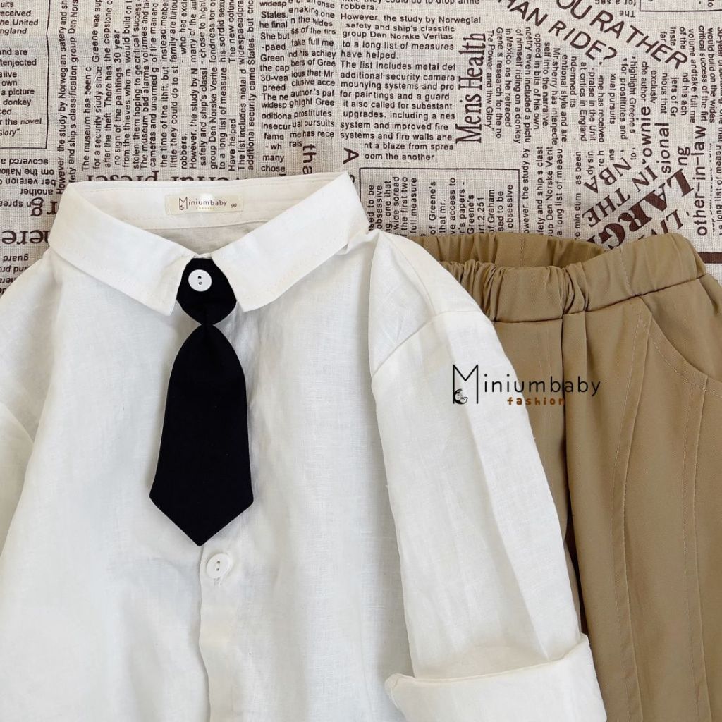 Áo sơ mi dài tay thu đông cổ tàu in gấu cho bé trai chất liệu cotton, bộ quần áo trẻ em miniumbabyfashion A1389