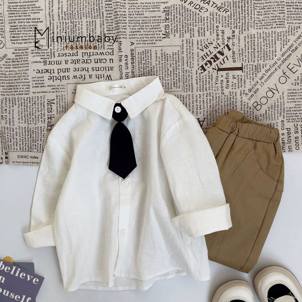 Áo sơ mi dài tay thu đông cổ tàu in gấu cho bé trai chất liệu cotton, bộ quần áo trẻ em miniumbabyfashion A1389