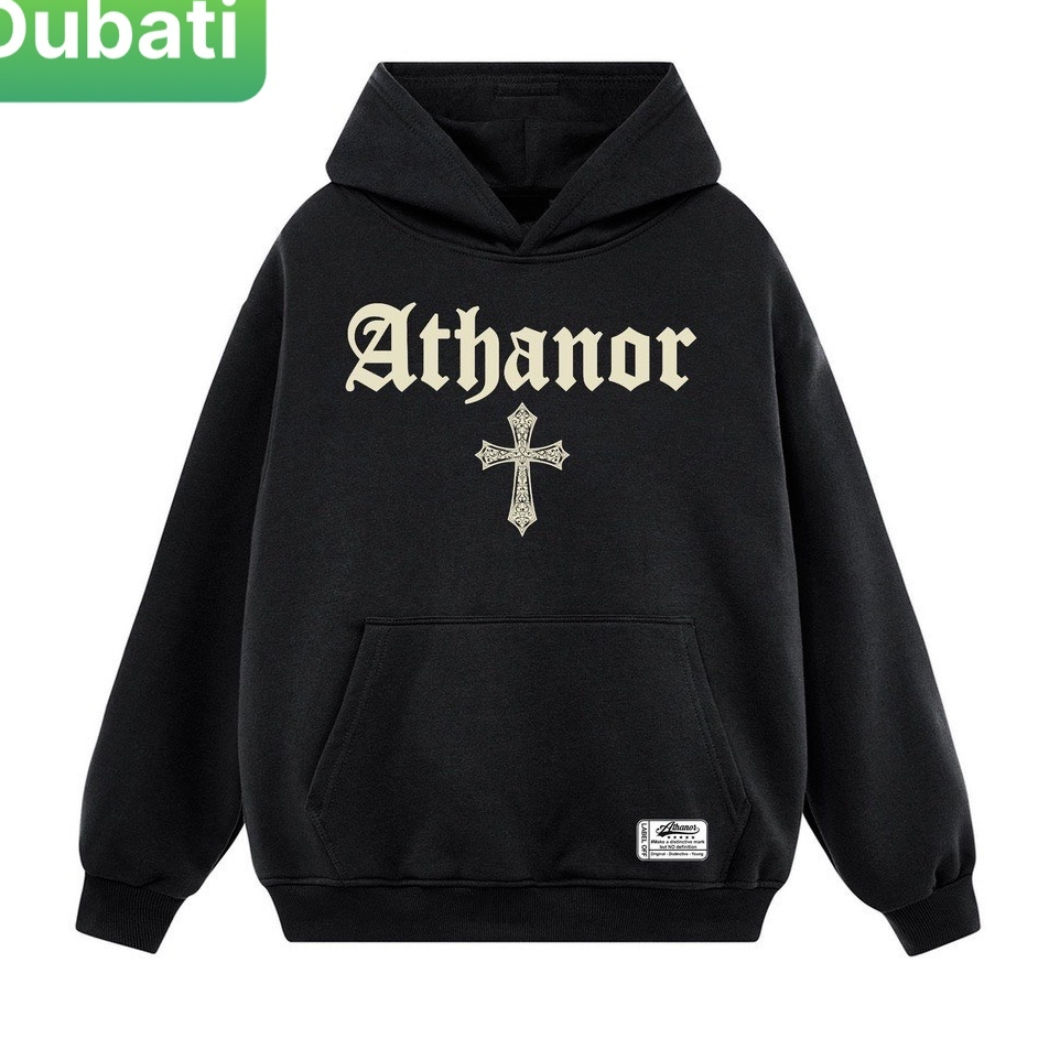 ÁO HOODIE NỈ BÔNG CÓ MŨ IN HỌA TIẾT CHỮ ATHANOR KÈM CÂY THÁNH GIÁ CỰC CHẤT PHONG CÁCH CAO CẤP - DUBATI FASHION
