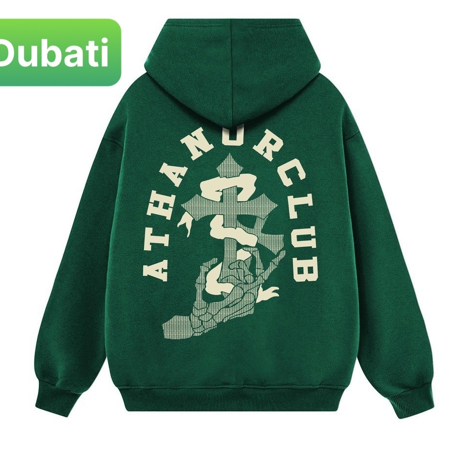 ÁO HOODIE NỈ BÔNG CÓ MŨ IN HỌA TIẾT CHỮ ATHANOR KÈM CÂY THÁNH GIÁ CỰC CHẤT PHONG CÁCH CAO CẤP - DUBATI FASHION