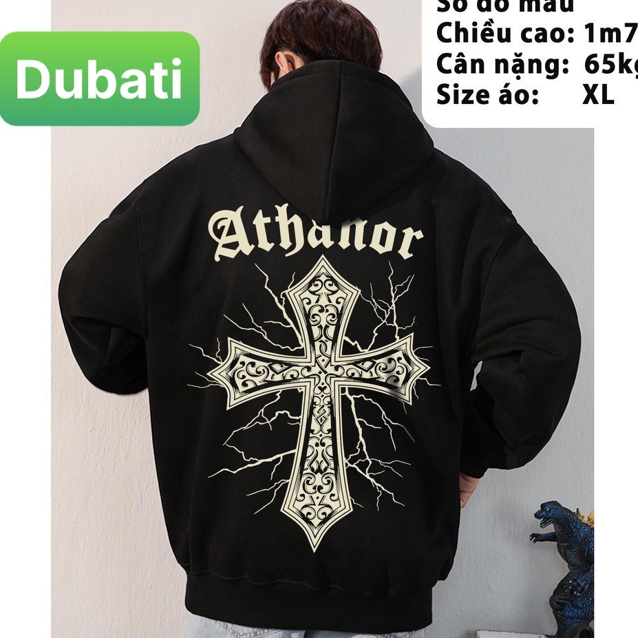 ÁO HOODOE NỈ BÔNG CÓ MŨ IN HỌA TIẾT CHƯ ATHANOR KÈM CÂY THÁNH GIÁ CỰC CHẤT PHONG CÁCH HOT TREND 2023 - DUBATI FASHION