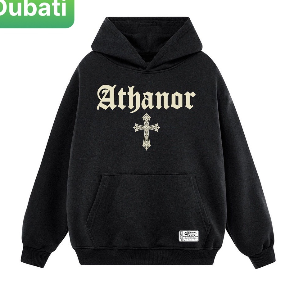 ÁO HOODOE NỈ BÔNG CÓ MŨ IN HỌA TIẾT CHƯ ATHANOR KÈM CÂY THÁNH GIÁ CỰC CHẤT PHONG CÁCH HOT TREND 2023 - DUBATI FASHION