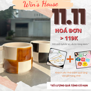 Cốc sứ/ Ly/ Tách sứ uống nước, trà, trà phê có quai handmade Việt Nam hoạ tiết caro đen và nâu 250ml