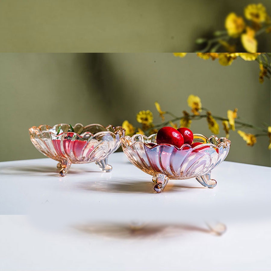 BÁT THỦY TINH 3 CHÂN VÀNG THẢ HOA ĐỰNG HOA QUẢ