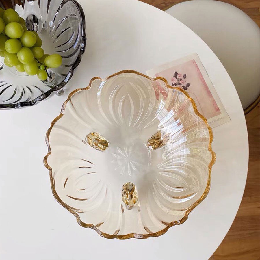 BÁT THỦY TINH 3 CHÂN VÀNG THẢ HOA ĐỰNG HOA QUẢ