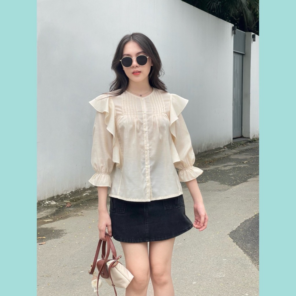 Áo sơ mi kem ODS xếp ly xương cá 2 bên cổ, bèo vai, tay lỡ, cúc dọc năng động trẻ trung hiện đại - CL7