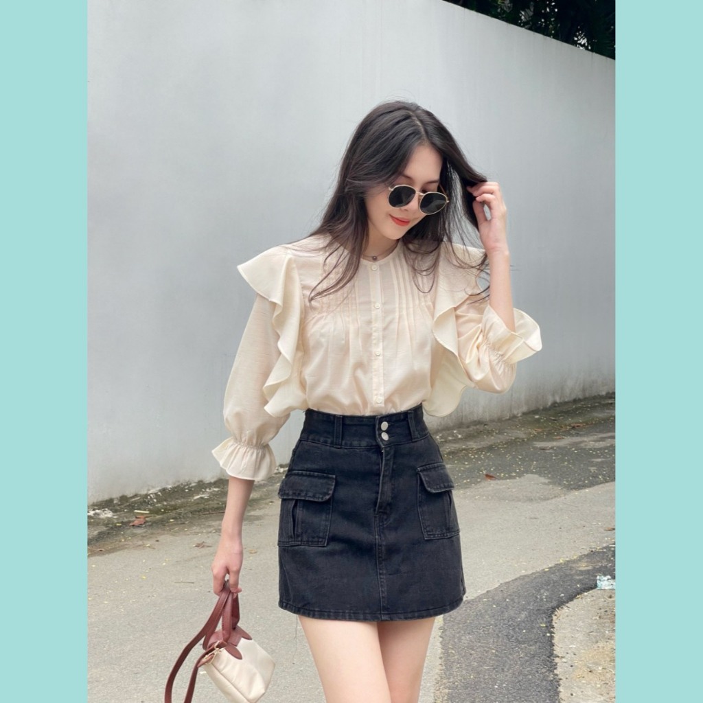Áo sơ mi kem ODS xếp ly xương cá 2 bên cổ, bèo vai, tay lỡ, cúc dọc năng động trẻ trung hiện đại - CL7