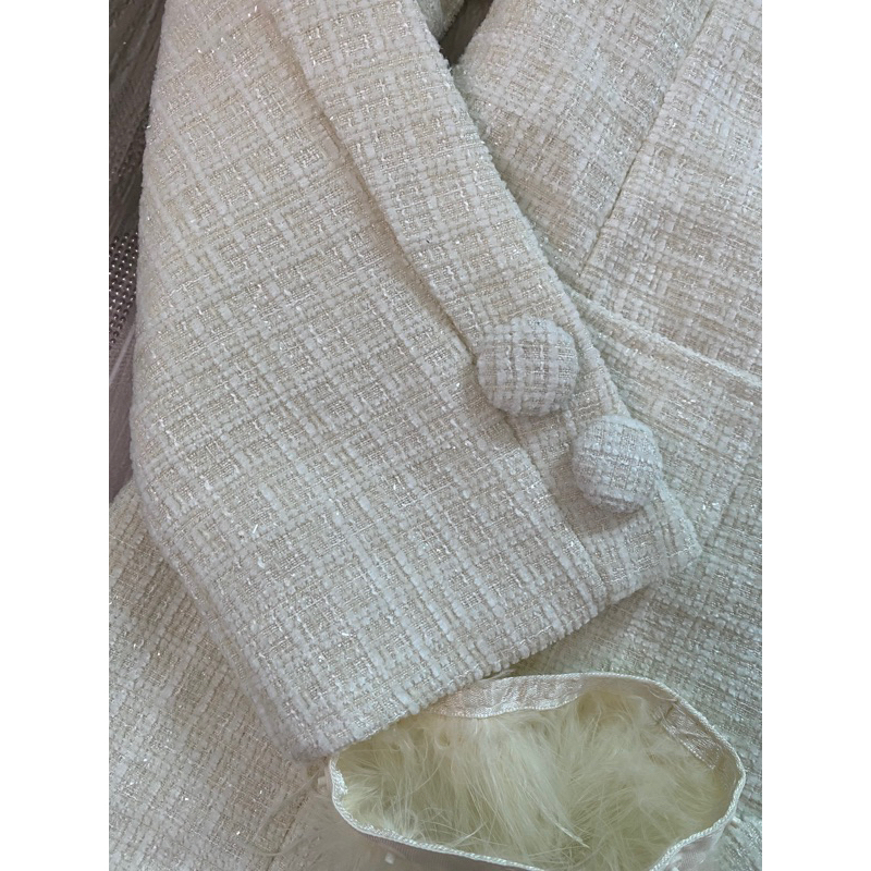 Váy Dạ Tweed Cổ Bẻ Tay Phối Lông