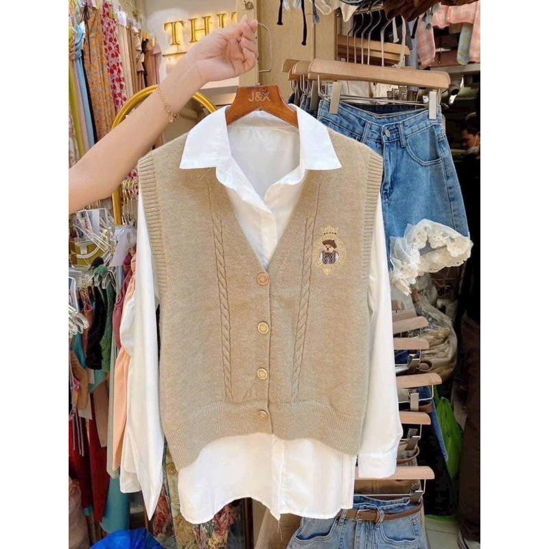 Áo Gile Gấu Teddy Len Co Giãn