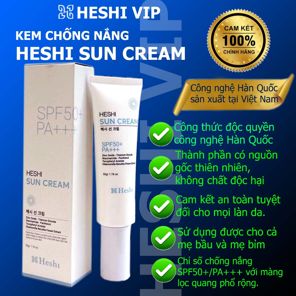 Kem chống nắng Heshi Sun Cream SPF50+pa+++ 50g giúp dưỡng da , bảo vệ vượt trội với màng lọc quang phổ yên tâm phơi nắng