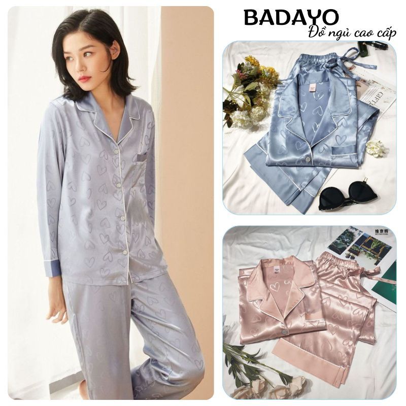 Đồ ngủ nữ pijama lụa dài tay, đồ bộ mặc nhà vân chìm họa tiết trái tim siêu sang chảnh quyến rũ BADAYO