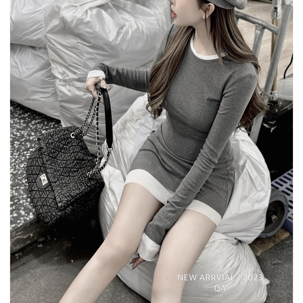 Váy body nữ dài tay tôn dáng mai phương bùi, hách dáng 2 lớp, váy thun body 2 lớp ôm eo mai phương bùi