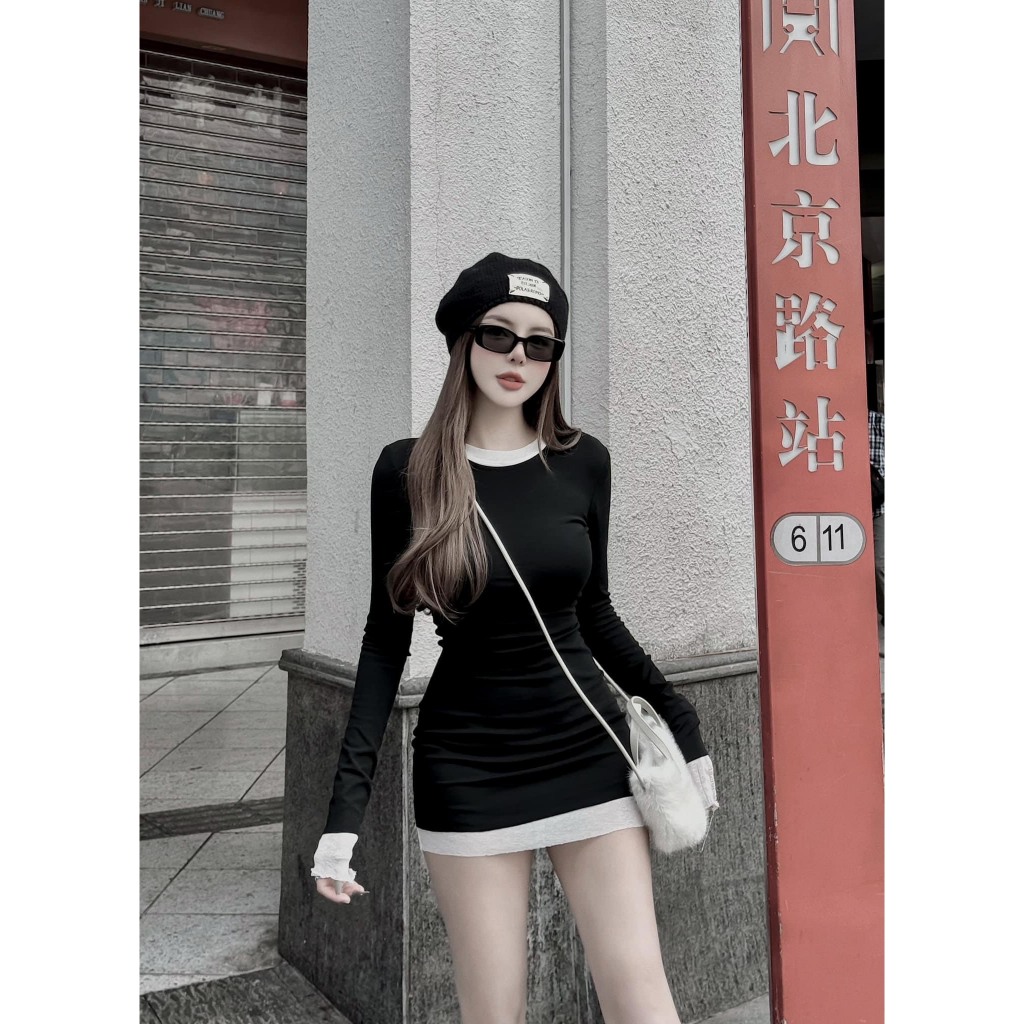 Váy body nữ dài tay tôn dáng mai phương bùi, hách dáng 2 lớp, váy thun body 2 lớp ôm eo mai phương bùi