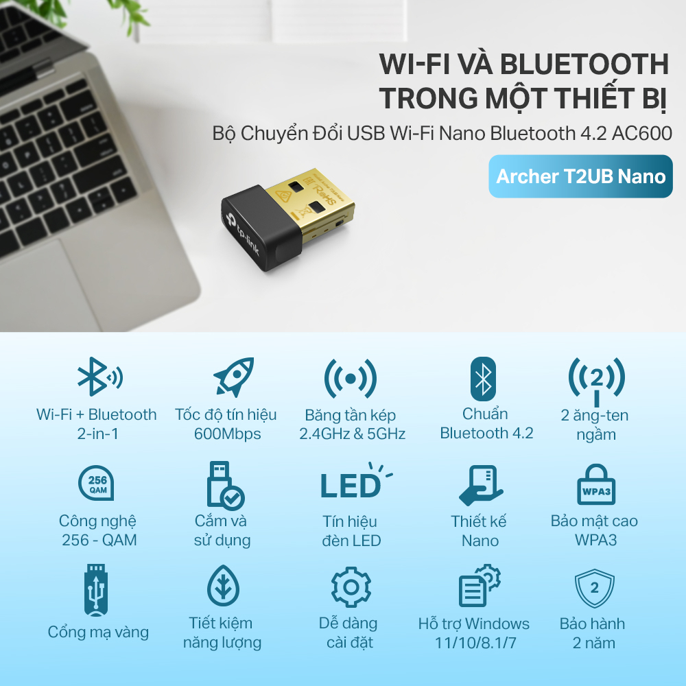 USB Wifi + Bluetooth TP-Link T2UB Nano AC600 Bluetooth 4.2 Dùng Cho PC hoặc Laptop - Hàng Chính Hãng BH 2 Năm