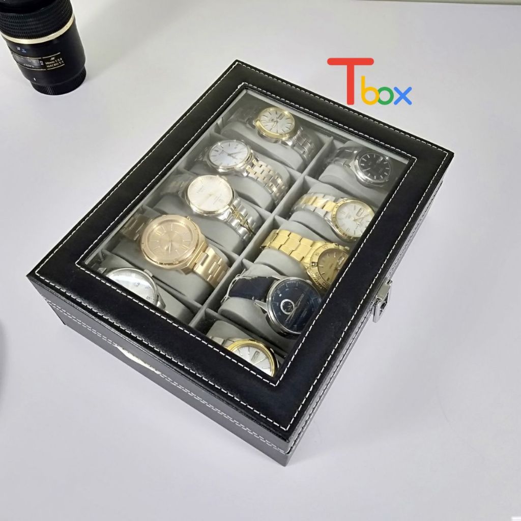 Hộp đựng đồng hồ, hộp trưng bày 10 ngăn bọc da màu đen sang trọng