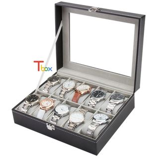 Hộp đựng đồng hồ, hộp trưng bày 10 ngăn bọc da màu đen sang trọng