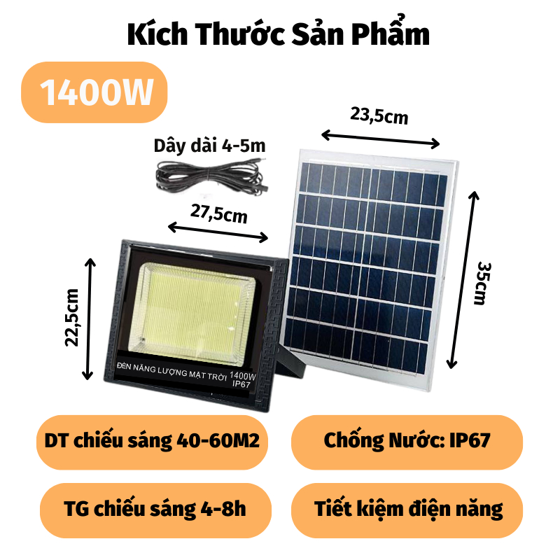 Đèn Năng Lượng Mặt Trời 1400W Nami Pha Led Siêu Sáng Chống Nước IP67