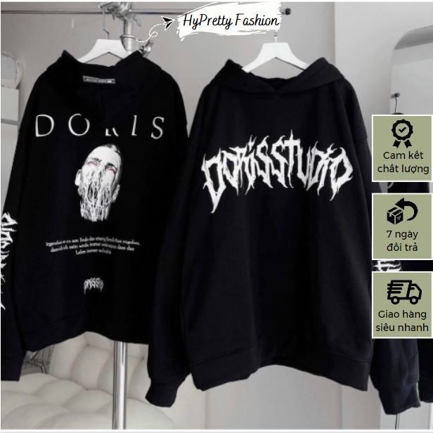 Áo hoodie DORIS logo in mũ 2 lớp chất nỉ ngoại mịn mát tay rộng unisex kiểu Hàn Quốc HYPRETTY 01