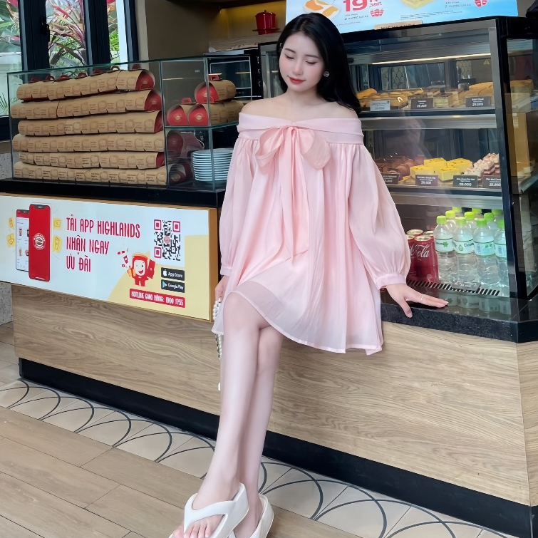 Váy babydoll trễ vai nơ ngực chất voan tơ 2 lớp mềm mại, đầm bánh bèo tiểu thư xinh xắn mã HV379 | BigBuy360 - bigbuy360.vn