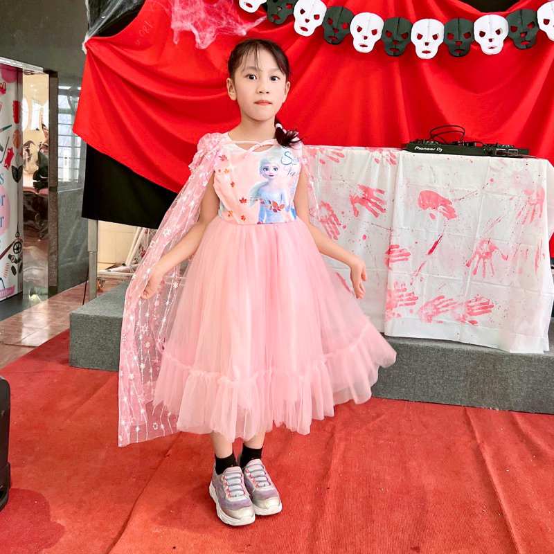 Váy Halloween Elsa cho bé hóa trang dự tiệc công chúa hàng thiết kế chất voan lụa cao cấp Tặng kèm áo choàng MamLa