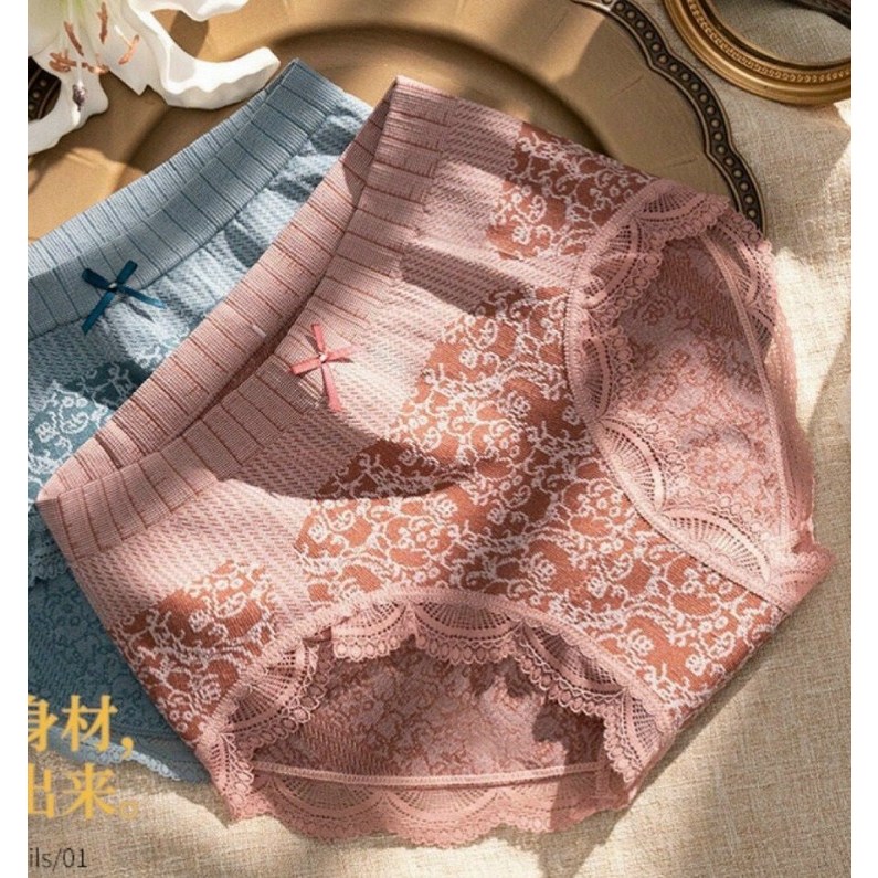 Quần Lót Nữ Thun Lưng Cao Phối Viền Ren Nơ Họa Tiết Hoa Văn Tinh Tế LOTNU04