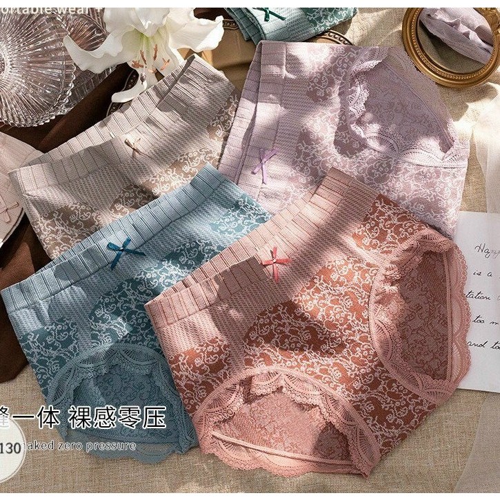 Quần Lót Nữ Thun Lưng Cao Phối Viền Ren Nơ Họa Tiết Hoa Văn Tinh Tế LOTNU04