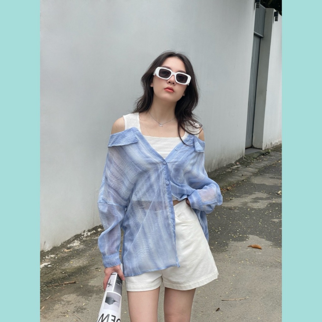 Áo 2 lớp ODS thiết kế lớp trong thun trắng crop, lớp ngoài sơ mi xanh loang dài năng động trẻ trung hiện đại - CL14