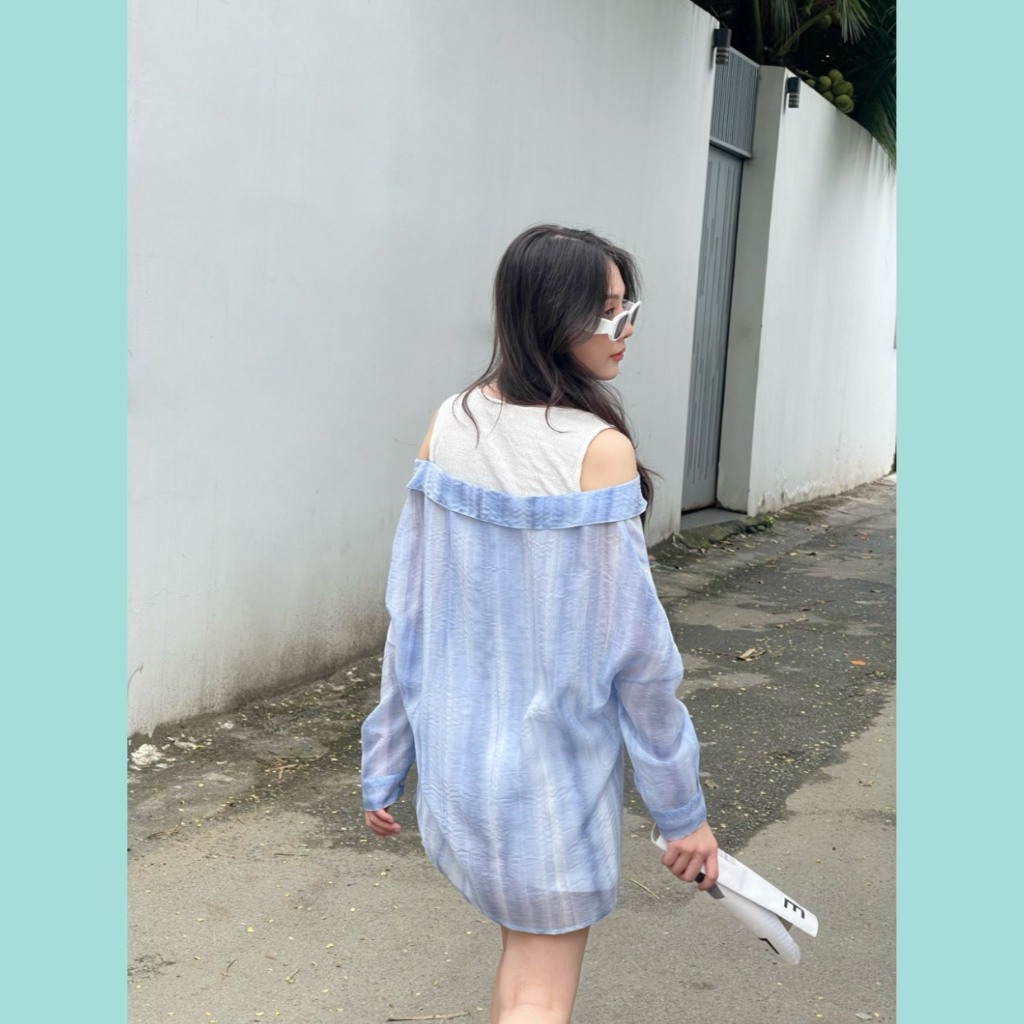 Áo 2 lớp ODS thiết kế lớp trong thun trắng crop, lớp ngoài sơ mi xanh loang dài năng động trẻ trung hiện đại - CL14