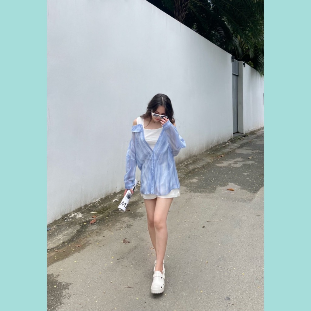 Áo 2 lớp ODS thiết kế lớp trong thun trắng crop, lớp ngoài sơ mi xanh loang dài năng động trẻ trung hiện đại - CL14