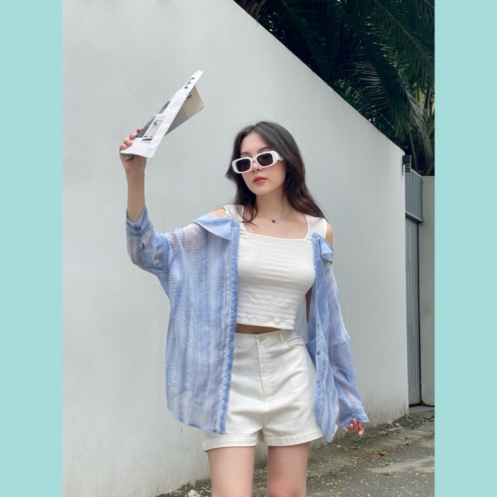Áo 2 lớp ODS thiết kế lớp trong thun trắng crop, lớp ngoài sơ mi xanh loang dài năng động trẻ trung hiện đại - CL14
