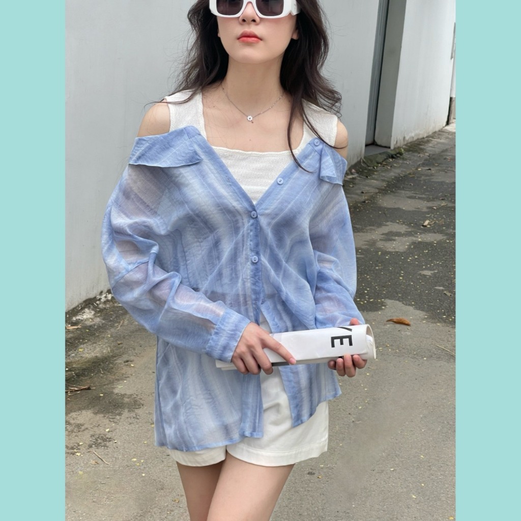 Áo 2 lớp ODS thiết kế lớp trong thun trắng crop, lớp ngoài sơ mi xanh loang dài năng động trẻ trung hiện đại - CL14