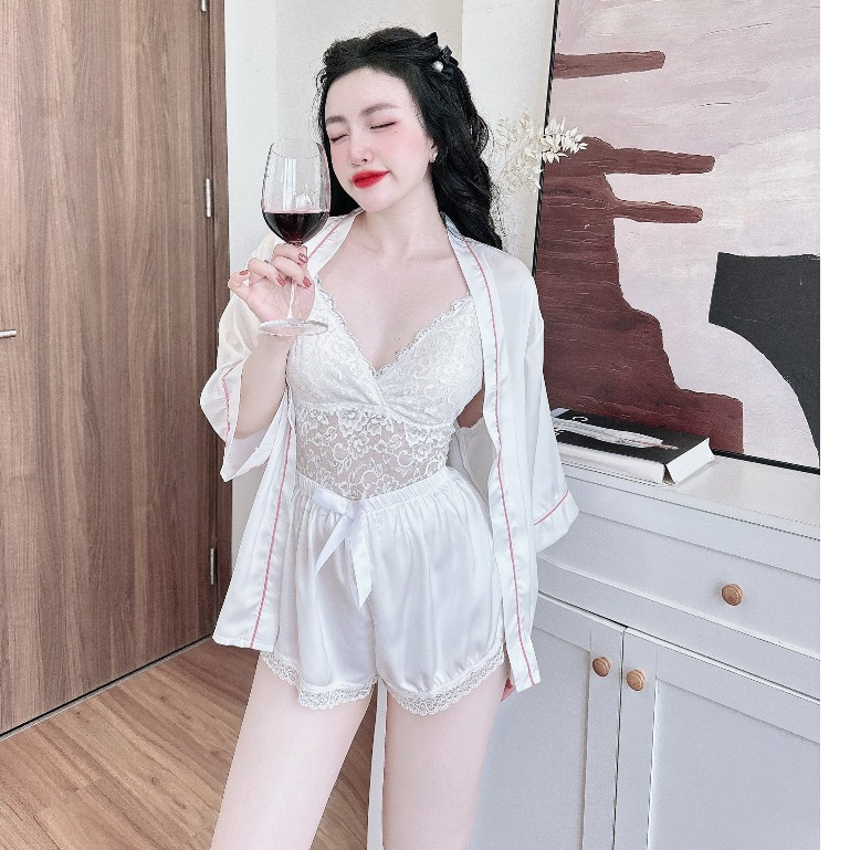 Set Bộ Kiểu Nhistore Áo Khoác Dạng Kimono Quần Ngắn Kèm Áo Bra Ren 2 Dây Freesize Dưới 57kg