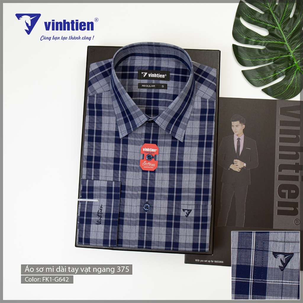 Áo sơ mi Vĩnh Tiến tay dài regular vạt ngang vải sọc caro chất liệu cotton 375 - G642