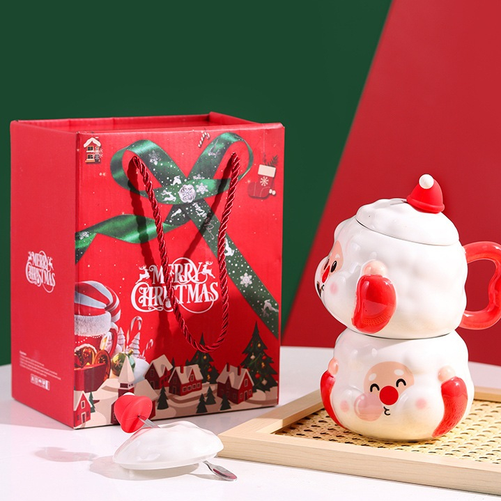 Cốc ly sứ hộp quà Giáng Sinh Ông già đội mũ Cốc Cốc dung tích 430ml đựng nước, trà, cafe, quà tặng bạn bè