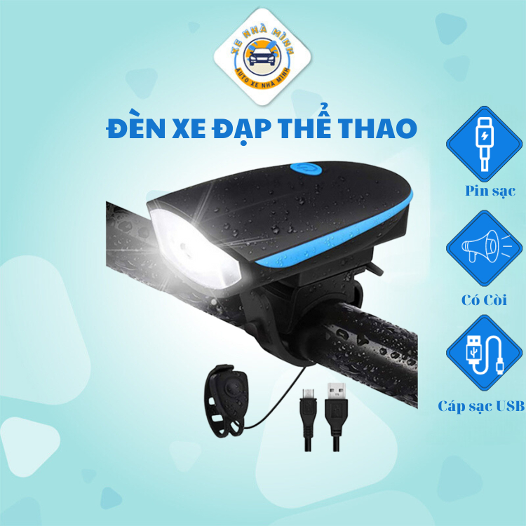 Đèn xe đạp thể thao Xe Nhà Mình, Có Còi , Chống Nước, Cường độ ánh sáng lớn, Pin sạc cổng USB