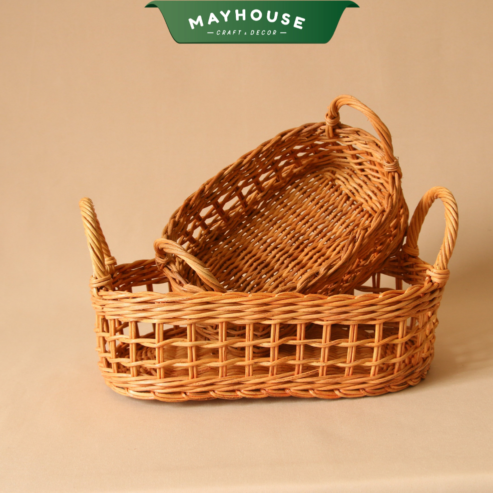 Khay mây đựng đồ đa năng MAYHOUSE CRAFT&DECOR đựng trái cây rau củ, kèm lót, đựng đồ trang trí, phụ kiện chụp ảnh