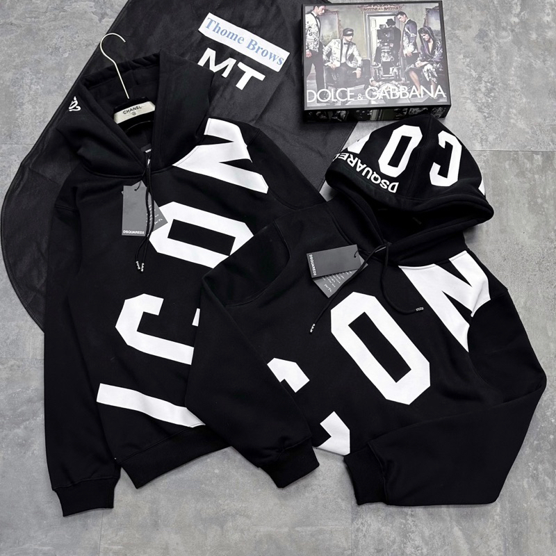 Áo hoodie nam nữ Dsq2 nỉ bông tàu in chữ ICON trắng chéo thân bo ống chun siêu đẹp phong cách cháy phố