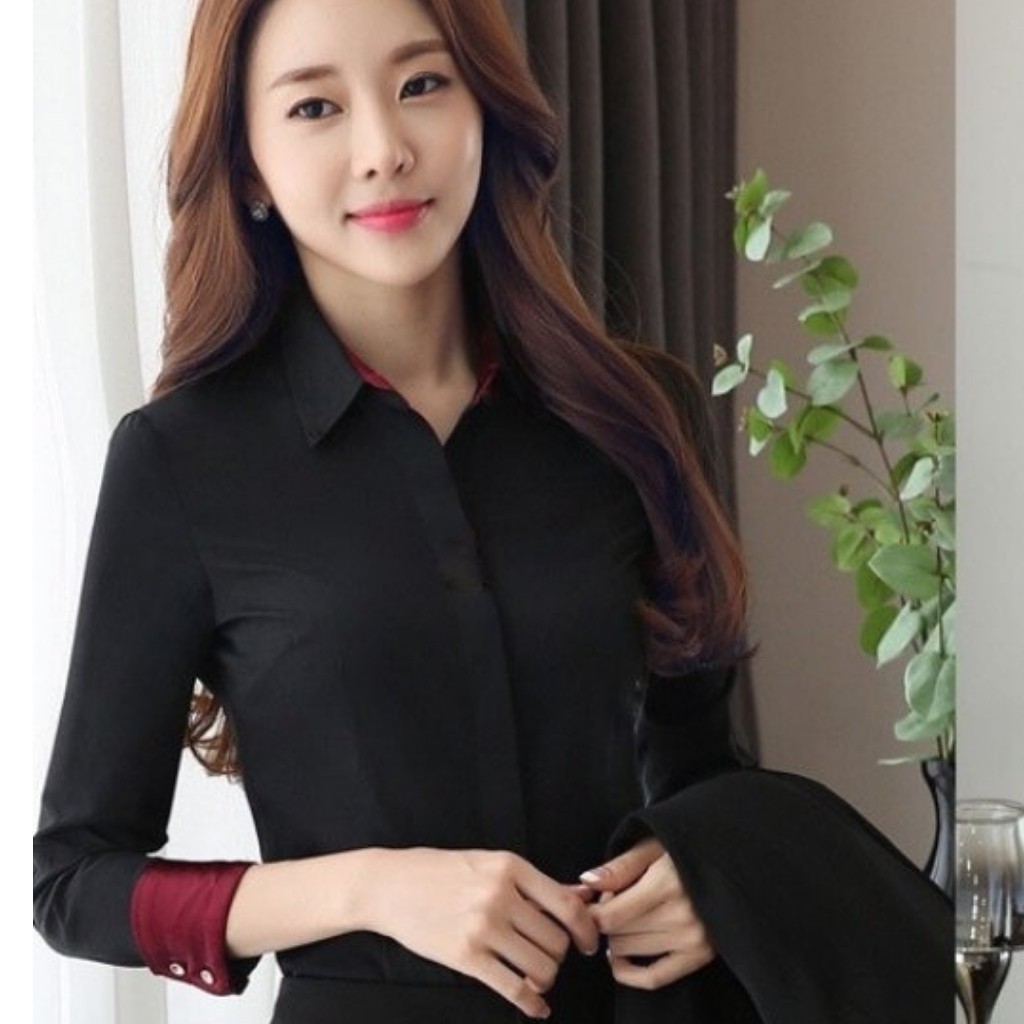 Áo sơ mi nữ dài tay phối viền Thời trang ELVIN shop Chất liệu thoáng mát